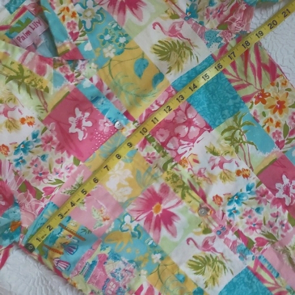 Palm Lilly Patchwork Resort Flamingo Boat Print Button 3/4 Sleeve Blouse, Size 6 - Picture 7 of 16